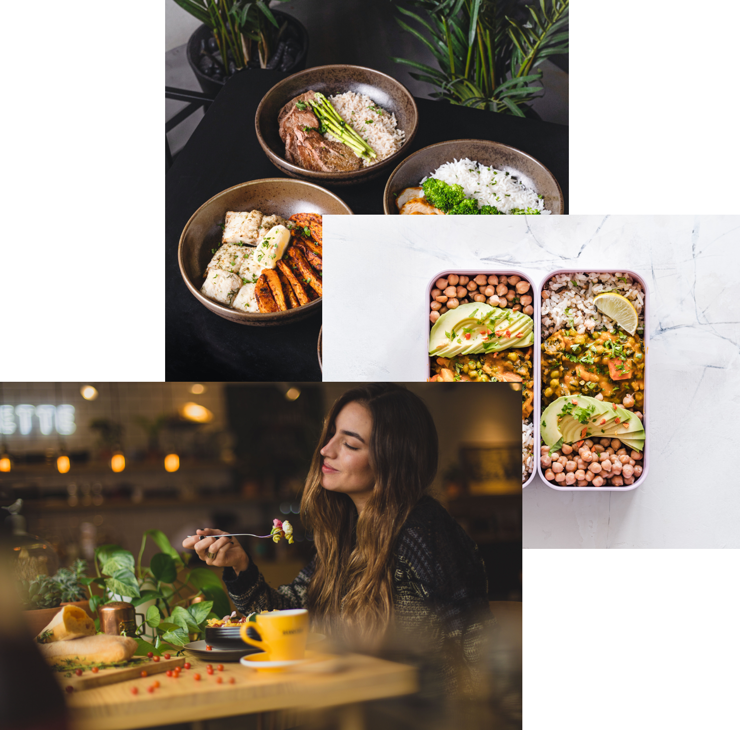woaman enjoing food , meals in storage container , and food on a table